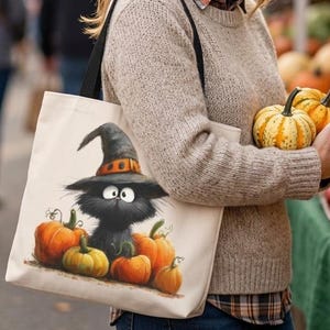 Halloween katten draagtas, grappige zwarte katten pompoen tas, schattige herfsttas, heksenkat Halloween tas, tas voor de herfstmarkt, cadeau voor kattenliefhebbers