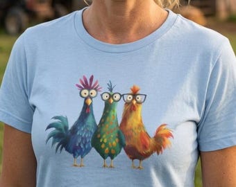 Funny Chicken Shirt | Three Bespectacled Hens | Farm Animal Tee | Chicken Lover Gift