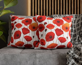 Funda de almohada de amapolas rojas, funda de almohada cuadrada de poliéster hilado, fundas de almohada decorativas florales para el hogar con un diseño de amapolas atrevido y hermoso