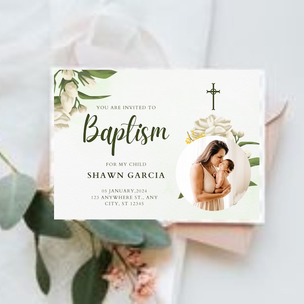 Green and White Watercolor Baptism Invitation Card