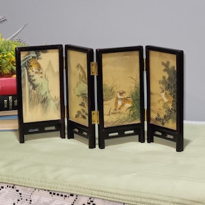 Framed Paint on Silk Panels Screen Dividers Double sided Asian Art MCM Dollhouse Table Top Miniature Room Divider Tigers Birds