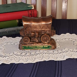 Vintage Cast Metal Bronze Color Piggy Bank Covered Wagon American National Bank Nebraska Souvenir