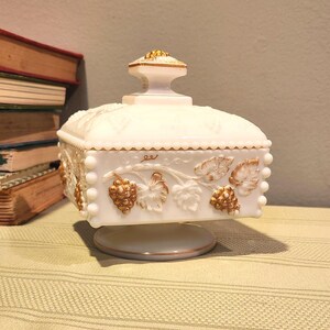 Westmoreland Milk Glass Gilded Grapes Lidded Compote Vintage