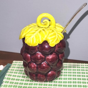 Vintage Jam jelly jar with lid Majolica Ceramic Grapes berries Pottery MCM