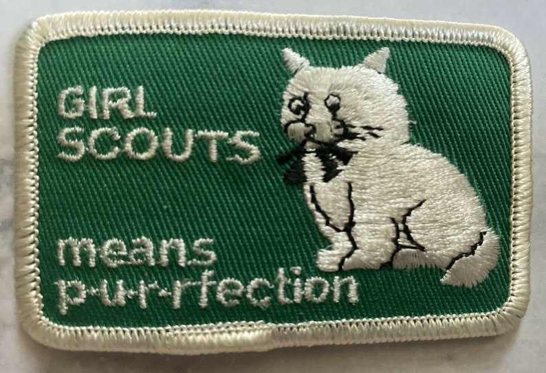 Girl Scouts means p-u-r-rfection White Cat Green Background Patch 3-1/8x2" 1980s image 1
