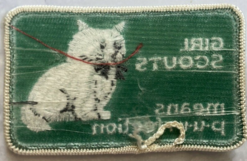 Girl Scouts means p-u-r-rfection White Cat Green Background Patch 3-1/8x2" 1980s image 2