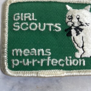 Girl Scouts means p-u-r-rfection White Cat Green Background Patch 3-1/8x2" 1980s image 4