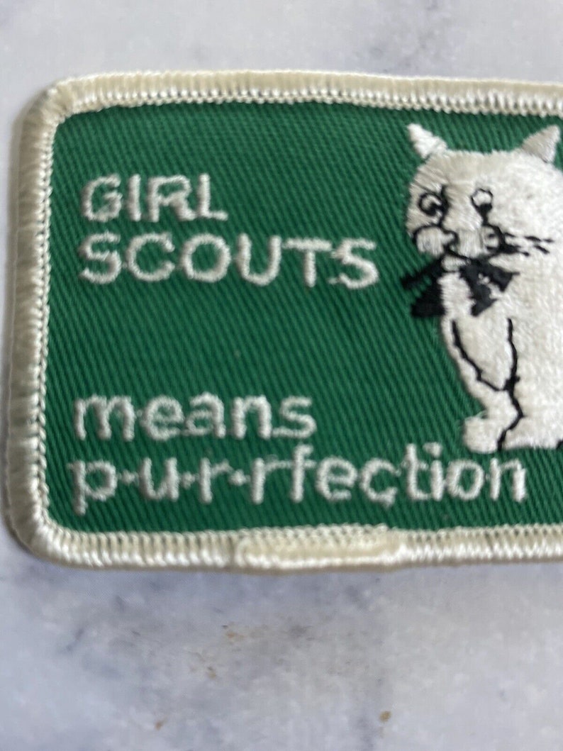 Girl Scouts means p-u-r-rfection White Cat Green Background Patch 3-1/8x2" 1980s image 4