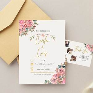 Invitación de boda con temática floral editable, tarjeta de agradecimiento de boda floral