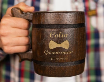 Beer Mug Personalized Mug Wooden Beer Mug, Engraved Groomsmen Gift Set, Best Man Gift, Groom Gift for Him, Wood Beer Cup handmade