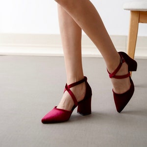 Dark Red Velvet Heels, Red Velvet Pumps, Burgundy Wedding Heels, Women&#39;s Red Pointed Toe Pumps, Burgundy Cross Strap Wedding Shoes