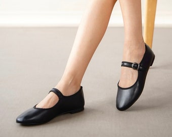 Mary Janes de mujer, Mary Janes negras, Mary Jane planas, Mary Jane negras, zapatos vintage hechos a mano, bailarinas, bailarinas de cuero negras
