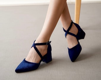 Dark Blue Velvet Heels, Blue Velvet Pumps, Navy Wedding Heels, Women's Navy Pointed Toe Pumps, Navy Blue Cross Strap Wedding Shoes