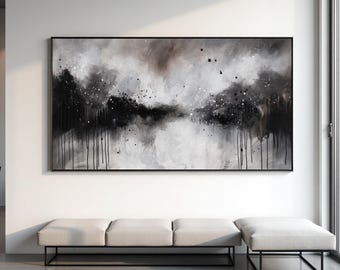 Black White Abstract Wall Art for Living Room, Large Modern Grey Abstract Painting