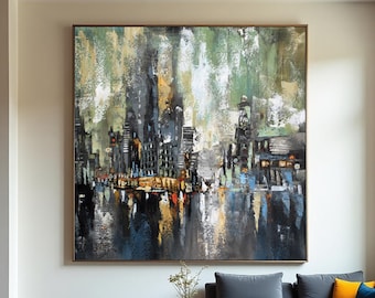 Large City Painting Vertical Canvas Art, Blue Grey Urban Wall Decor for Living Room Office Modern Interior