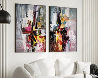 Set mit 2 Stücken, farbenfroher Wandkunst-Deko, handgefertigt mit Acrylfarben auf Leinwand, helle Wandkunst, moderne abstrakte Kunst, rosa-mehrfarbiges Kunstwerk