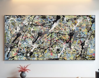 Pastel Blue Abstract Canvas Painting, Pollock Inspired Wall Artwork, Contemporary Statement Piece for Designer Homes
