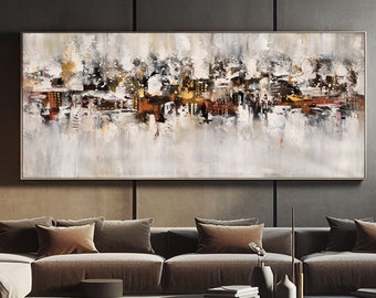 Pintura de paisaje urbano texturizado, acrílico abstracto moderno, arte mural urbano