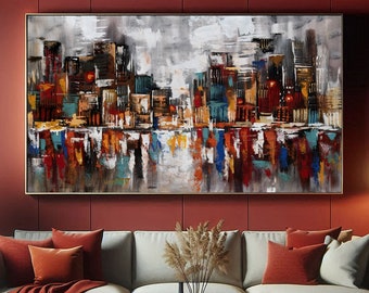 Hand-Painted Acrylic Cityscape Painting, Warm Color Skyline Art