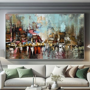Cityscape Expressive Abstract Wall Art Painting, Modern Abstract Acrylic Painting, Large Cityscape Expressionism Art On Original Canvas