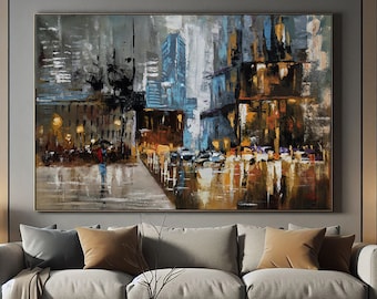 Abstract Cityscape Acrylic Painting, Modern Urban Wall Art
