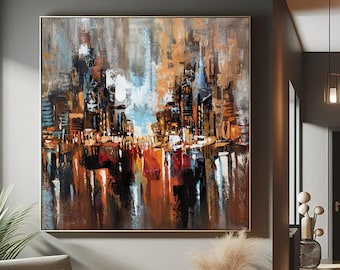 Abstract Cityscape Oil Painting, Large Handmade Urban Art Decor
