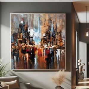 Large Oil Painting Cityscape, Vibrant Urban Art Decor, Unique Handmade Canvas Art, Modern Abstract Living Room Wall Decor, Wall Art Hanging
