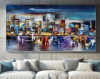 Handmade Acrylic Cityscape Painting, Modern Multicolored Skyline Art