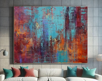 Handmade Red Teal Abstract Art, Large Textured Canvas Painting