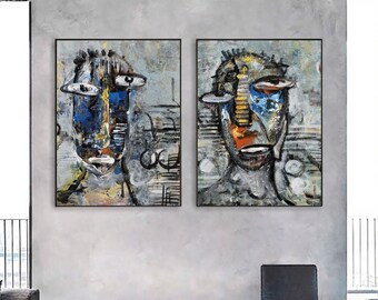 Set aus 2 abstrakten handgefertigten Acrylgemälden mit figurativen lustigen Gesichtern – moderne Kunstdekoration, Wandkunst, Wohnzimmerdekoration, Einweihungsgeschenk