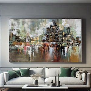 Original Abstract Acrylic Cityscape Canvas Painting | Handmade Modern Art, Bedroom Decor Gift Skyscrapers Cityscape Handmade Painting