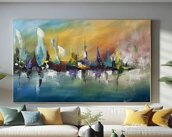 Extra Large Sailboat Abstract Painting, Acrylic Canvas Wall Art