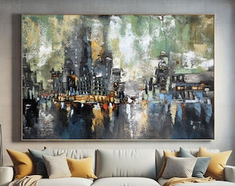 Textured Cityscape Acrylic Painting on Canvas, Modern Abstract Wall Decor