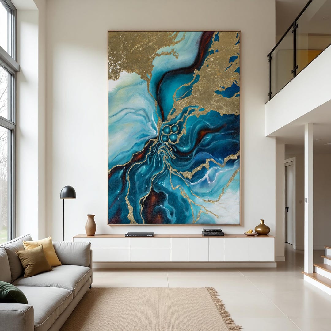 Large Blue and Gold Abstract Painting for Living Room Wall - Etsy