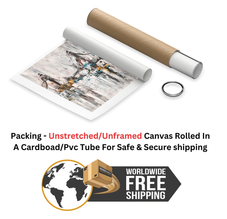 May include: A rolled canvas painting is shown in a cardboard tube. The tube is brown and has a white label with the text "WORLDWIDE FREE SHIPPING".