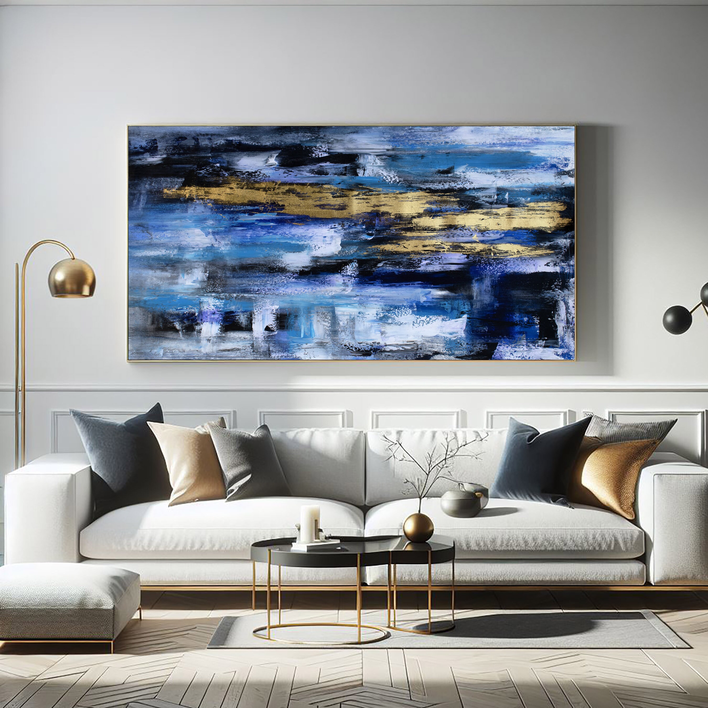 Extra Large Abstract Wall Art Decor Piece, Luxury Navy Blue and Gold ...