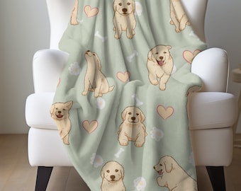 Golden Retriever Blanket 50"x60" Velveteen Plush Goldie puppy with hearts throw nursery decor gift for kids and adults baby shower