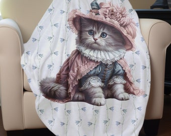 Victorian Cat Blanket 50"x60" Velveteen Plush romantic floral hat kitten throw nursery decor gift for kids and adults baby farmhouse decor