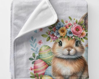 Easter Bunny Blanket 30"x40" Velveteen Plush floral rabbit throw nursery decor Easter gift for kids and adults baby rabbit farmhouse decor