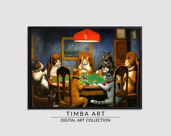 Cats Playing Poker, Printable Wall Art, Vintage Oil Painting, Wall Decor