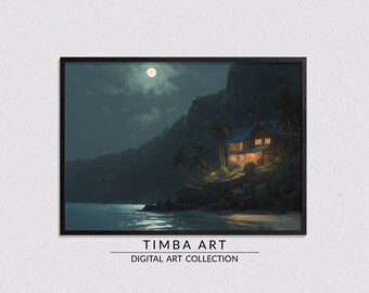 Beach At Night, Landscape Printable Wall Art, Vintage Oil Painting, Wall Decor