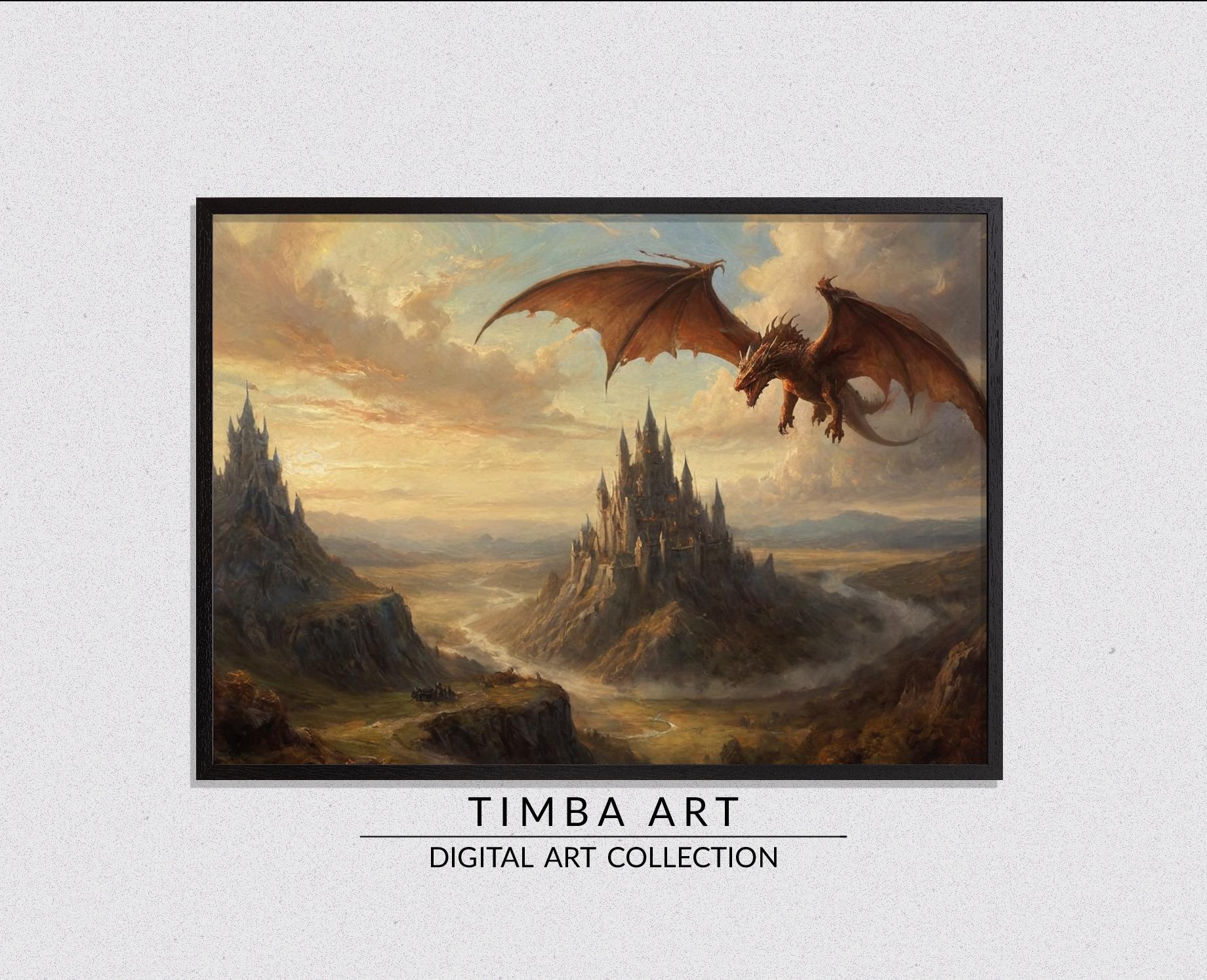 Medieval fantasy, Landscape Printable Wall Art, Vintage Oil Painting, Wall Decor, Castle, Game of Thrones inspired, Dragon
