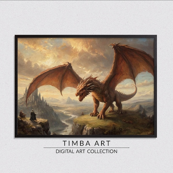 Fantasy Dragon Castle Landscape Art Print (Digital Download)