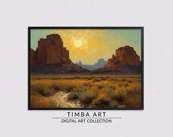 Desert Sunset v2, Landscape Printable Wall Art, Vintage Oil Painting, Wall Decor