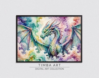 Watercolor Dragon 4, Oil Painting, Art Print, Art Decor, Printable Wall Art, Instant Digital Download