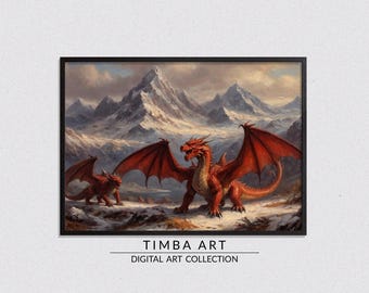 Medieval fantasy, Landscape Printable Wall Art, Vintage Oil Painting, Wall Decor, Game of Thrones inspired, Dragon