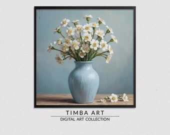 White Flowers, Printable Wall Art, Vintage Oil Painting, Wall Decor