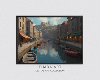 River Serenity, Cityscape Printable Wall Art, Vintage Oil Painting, Wall Decor