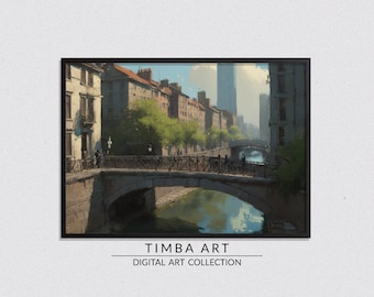 A Bridge Between Eras, Cityscape Printable Wall Art, Vintage Oil Painting, Wall Decor
