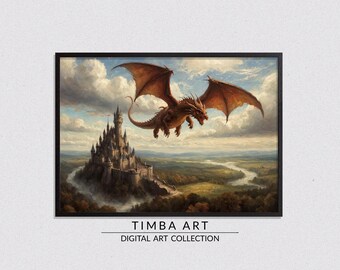 Medieval Fantasy, Landscape Printable Wall Art, Vintage Oil Painting, Wall Decor, Castle, Game of Thrones inspired, Dragon